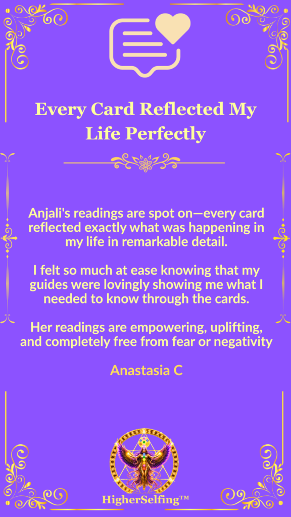 Client testimonial from Anastasia C describing an empowering intuitive reading that brought clarity, reassurance, and spiritual guidance.