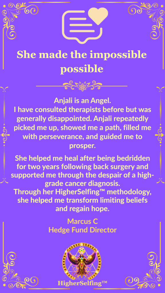 Client testimonial from Marcus C, a hedge fund director, describing renewed hope, emotional healing, and overcoming major health and life challenges through HigherSelfing™ coaching.